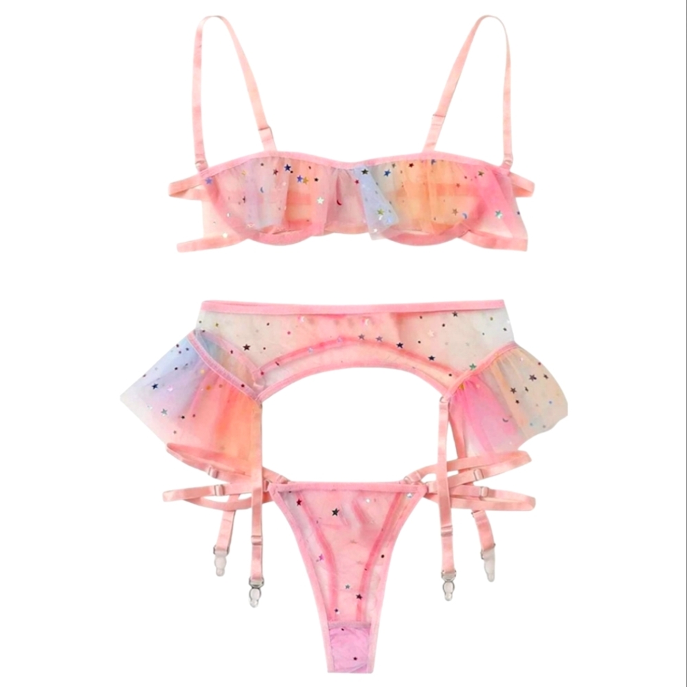 LINGERIE MESH GARTER OPEN BRA RAINBOW TBACK SET